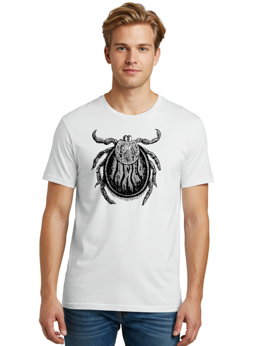 Tick Men'S Graphic Tee, 100% Cotton, Comfortable Casual Summer Wear, Machine Washable, Tick Illustration, Black And Green, Insect Drawing, Arachnid Art, Parasite Icon, Detailed Engraving, Vector Graphic, Creepy Crawlers Aab559