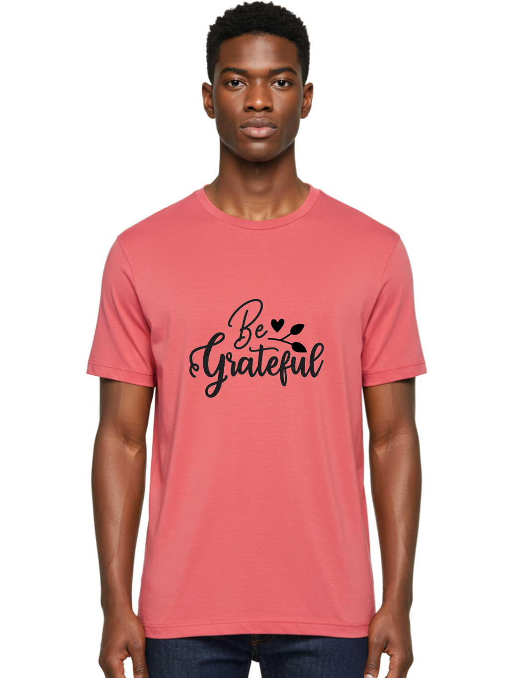 Be-Grateful Men'S Graphic Tee, 100% Cotton, Comfortable Casual Summer Wear, Machine Washable, Inspirational Quote, Motivational Phrase, Positive Affirmation, Heart Symbol, Leaf Design, Gratitude Message, Black Lettering, Be Grateful Aab564
