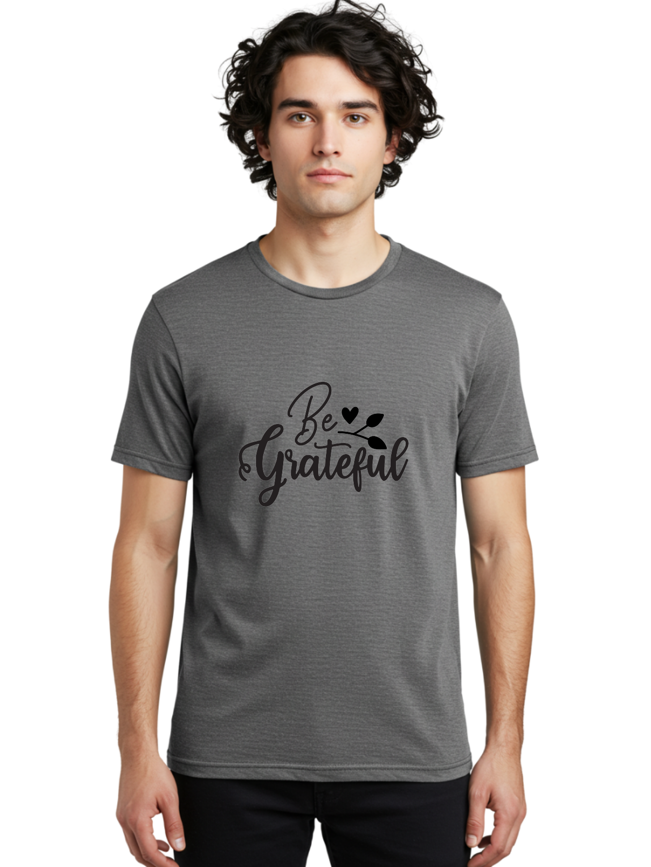 Be-Grateful Men'S Graphic Tee, 100% Cotton, Comfortable Casual Summer Wear, Machine Washable, Inspirational Quote, Motivational Phrase, Positive Affirmation, Heart Symbol, Leaf Design, Gratitude Message, Black Lettering, Be Grateful Aab564