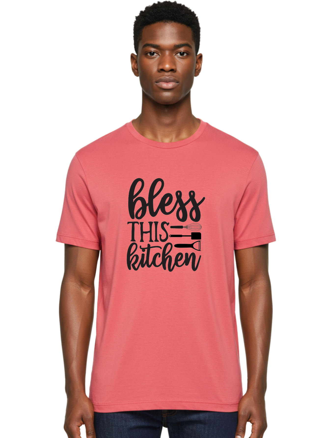 Bless-This-Kitchen Men'S Graphic Tee, 100% Cotton, Comfortable Casual Summer Wear, Machine Washable, Kitchen Decor, Cooking Inspiration, Home Blessing, Kitchen Utensils, Cooking Love, Kitchen Decoration, Kitchenware, Whisk, Spatula, Aab566