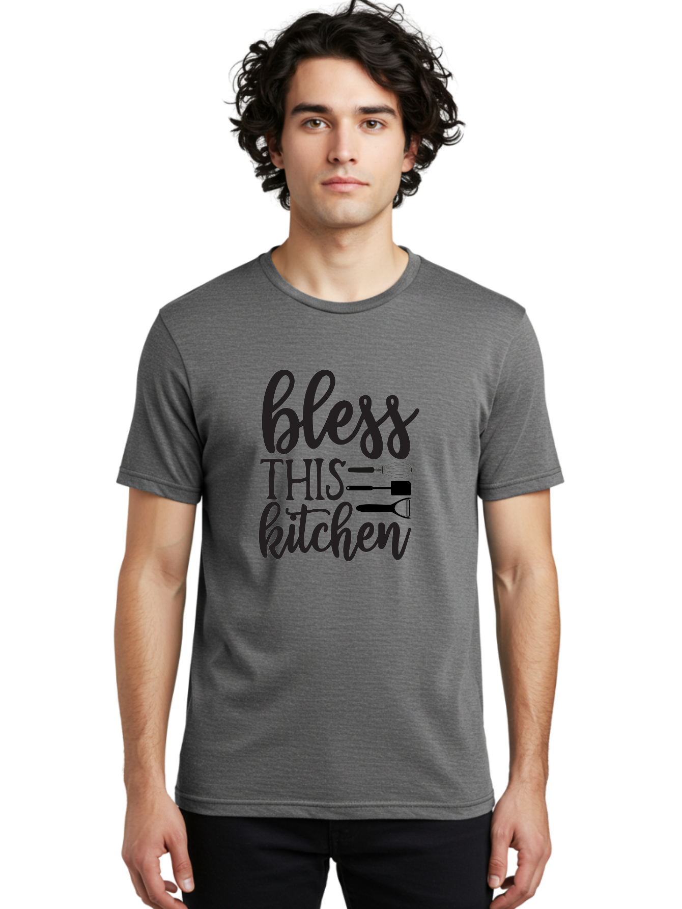 Bless-This-Kitchen Men'S Graphic Tee, 100% Cotton, Comfortable Casual Summer Wear, Machine Washable, Kitchen Decor, Cooking Inspiration, Home Blessing, Kitchen Utensils, Cooking Love, Kitchen Decoration, Kitchenware, Whisk, Spatula, Aab566