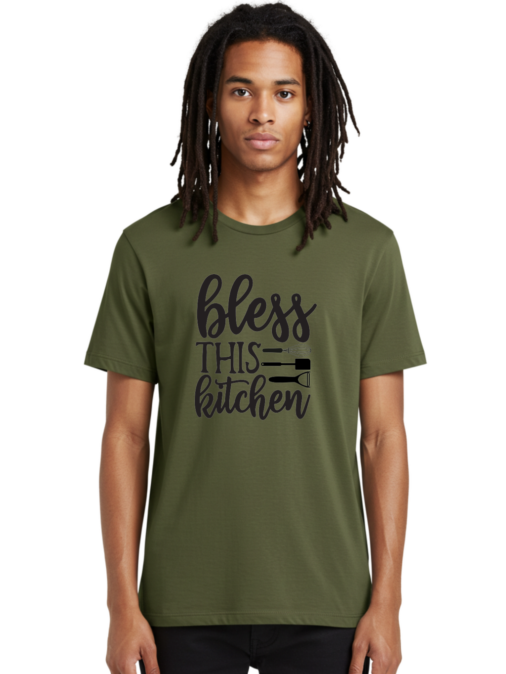 Bless-This-Kitchen Men'S Graphic Tee, 100% Cotton, Comfortable Casual Summer Wear, Machine Washable, Kitchen Decor, Cooking Inspiration, Home Blessing, Kitchen Utensils, Cooking Love, Kitchen Decoration, Kitchenware, Whisk, Spatula, Aab566