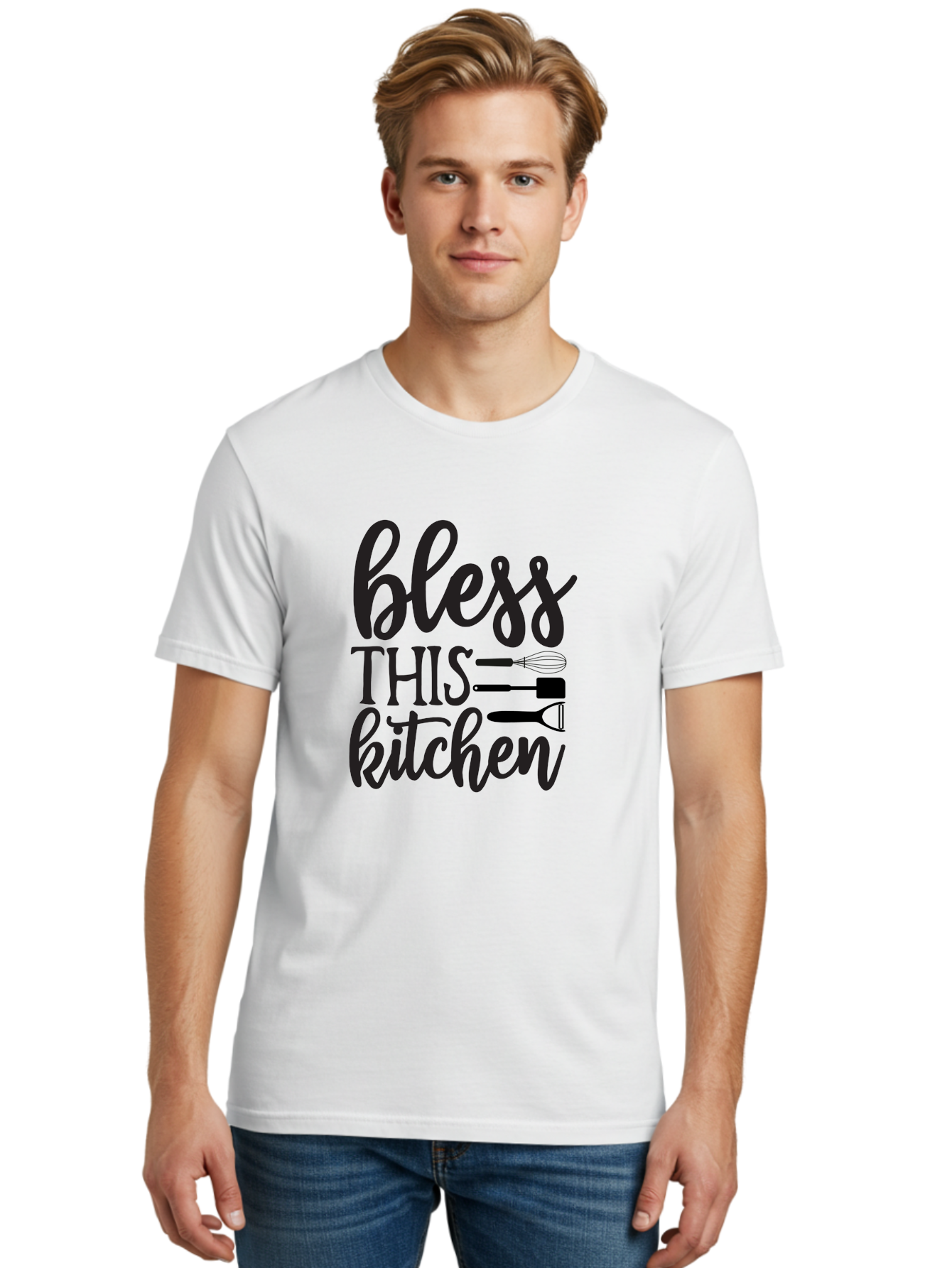 Bless-This-Kitchen Men'S Graphic Tee, 100% Cotton, Comfortable Casual Summer Wear, Machine Washable, Kitchen Decor, Cooking Inspiration, Home Blessing, Kitchen Utensils, Cooking Love, Kitchen Decoration, Kitchenware, Whisk, Spatula, Aab566