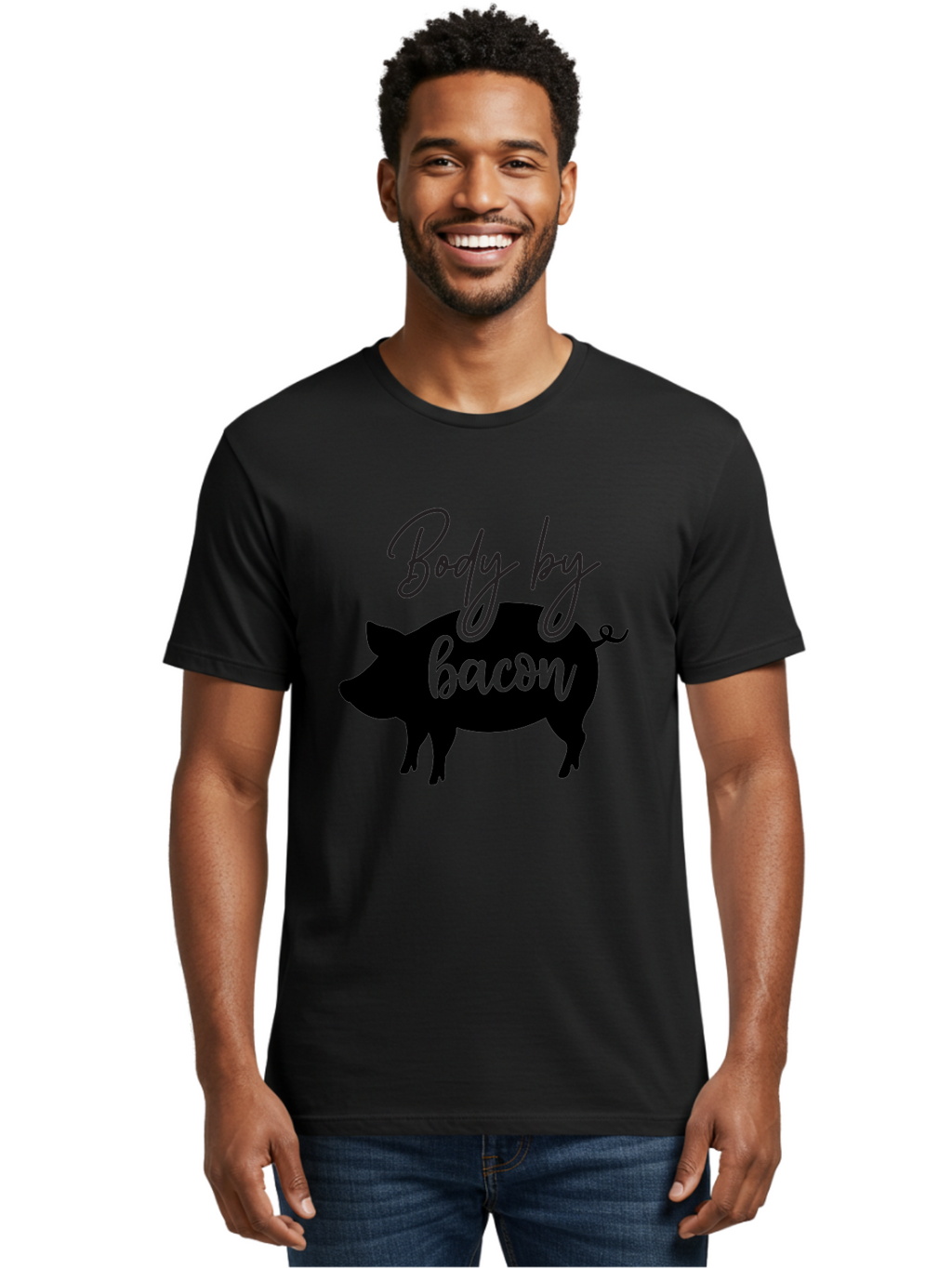 Body-By-Bacon Men'S Graphic Tee, 100% Cotton, Comfortable Casual Summer Wear, Machine Washable, Funny Pig Silhouette, Bacon Lovers, Pig With High Heels, Humorous Illustration, Quirky Art, Pig Silhouette With Text, Body By Bacon Aab567