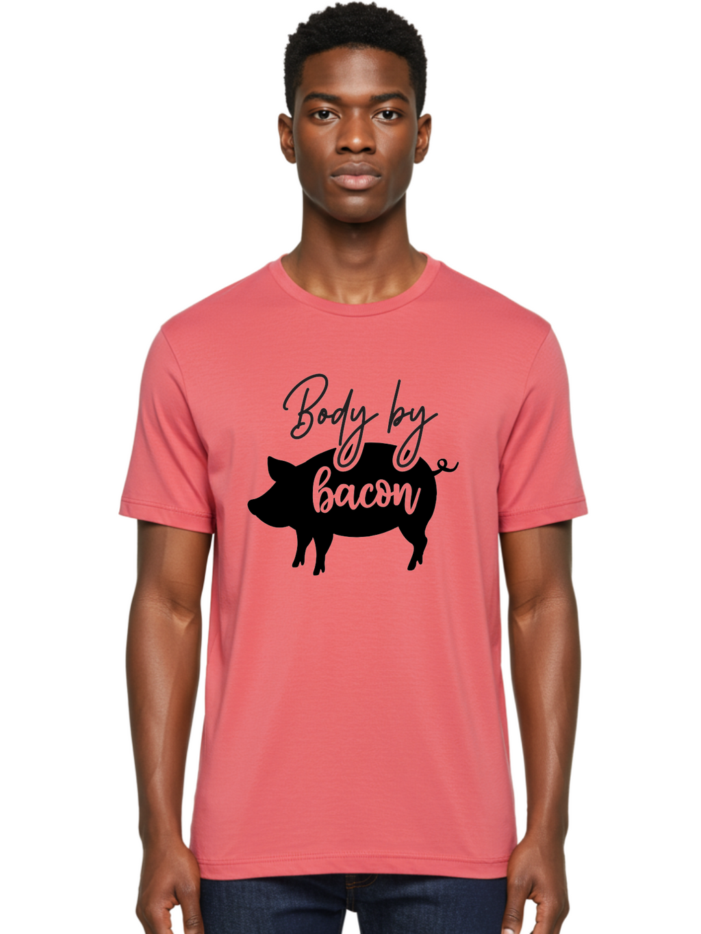 Body-By-Bacon Men'S Graphic Tee, 100% Cotton, Comfortable Casual Summer Wear, Machine Washable, Funny Pig Silhouette, Bacon Lovers, Pig With High Heels, Humorous Illustration, Quirky Art, Pig Silhouette With Text, Body By Bacon Aab567