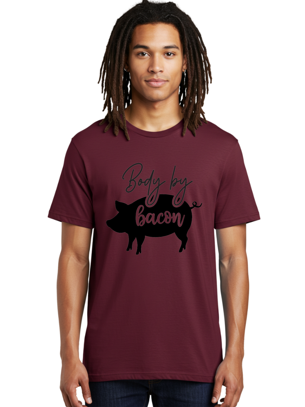 Body-By-Bacon Men'S Graphic Tee, 100% Cotton, Comfortable Casual Summer Wear, Machine Washable, Funny Pig Silhouette, Bacon Lovers, Pig With High Heels, Humorous Illustration, Quirky Art, Pig Silhouette With Text, Body By Bacon Aab567