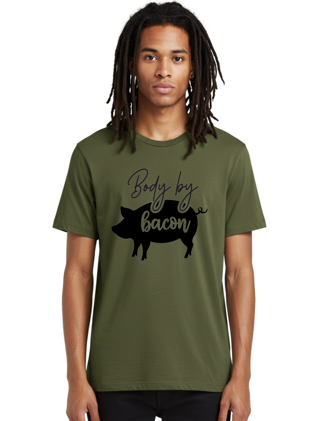 Body-By-Bacon Men'S Graphic Tee, 100% Cotton, Comfortable Casual Summer Wear, Machine Washable, Funny Pig Silhouette, Bacon Lovers, Pig With High Heels, Humorous Illustration, Quirky Art, Pig Silhouette With Text, Body By Bacon Aab567