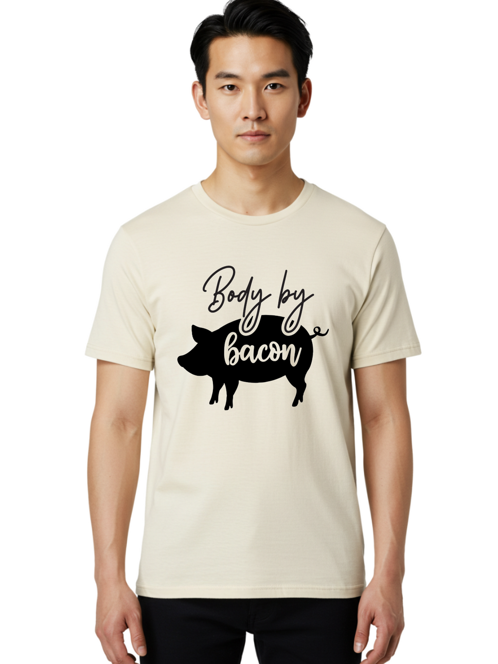 Body-By-Bacon Men'S Graphic Tee, 100% Cotton, Comfortable Casual Summer Wear, Machine Washable, Funny Pig Silhouette, Bacon Lovers, Pig With High Heels, Humorous Illustration, Quirky Art, Pig Silhouette With Text, Body By Bacon Aab567