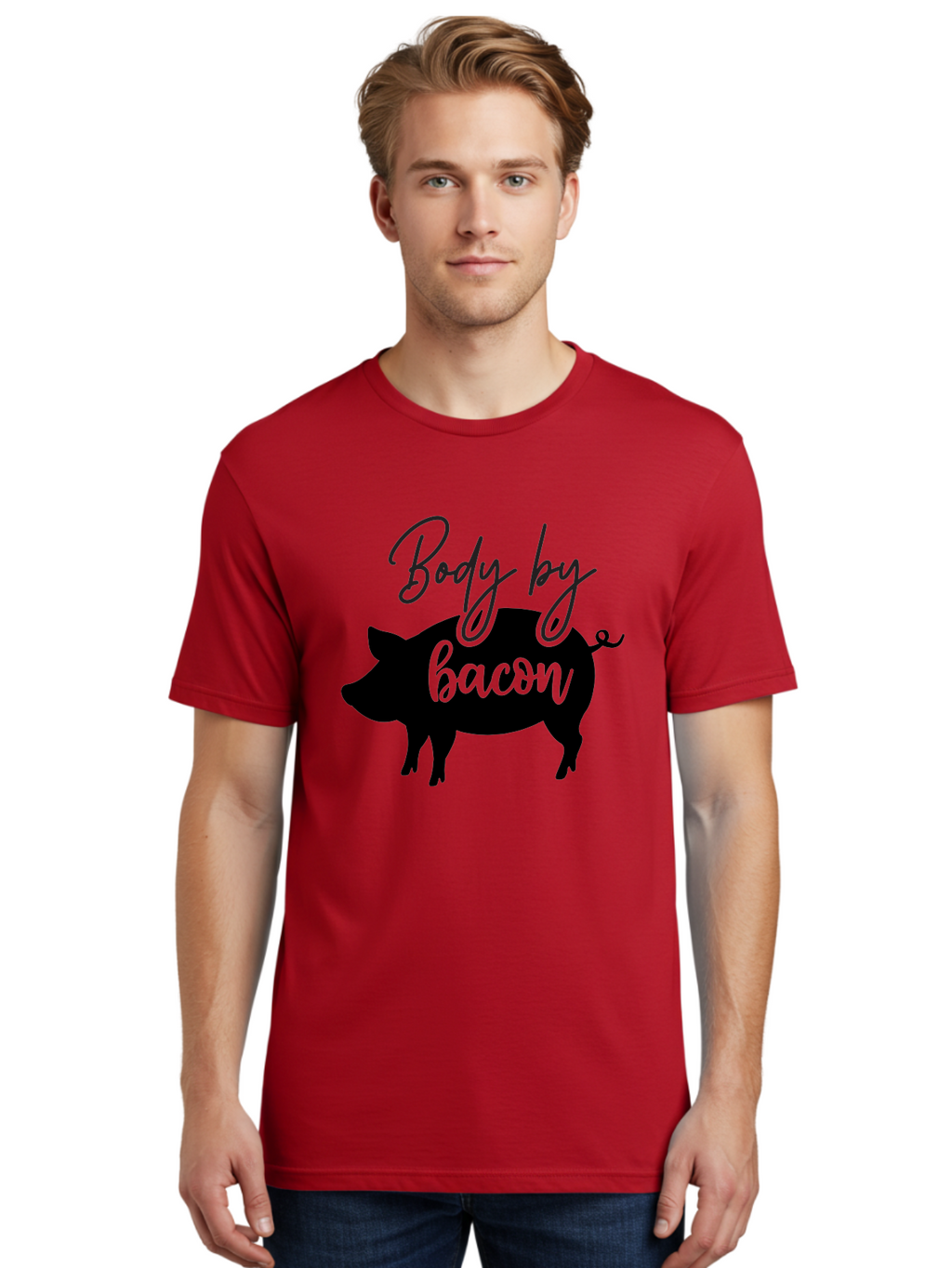 Body-By-Bacon Men'S Graphic Tee, 100% Cotton, Comfortable Casual Summer Wear, Machine Washable, Funny Pig Silhouette, Bacon Lovers, Pig With High Heels, Humorous Illustration, Quirky Art, Pig Silhouette With Text, Body By Bacon Aab567