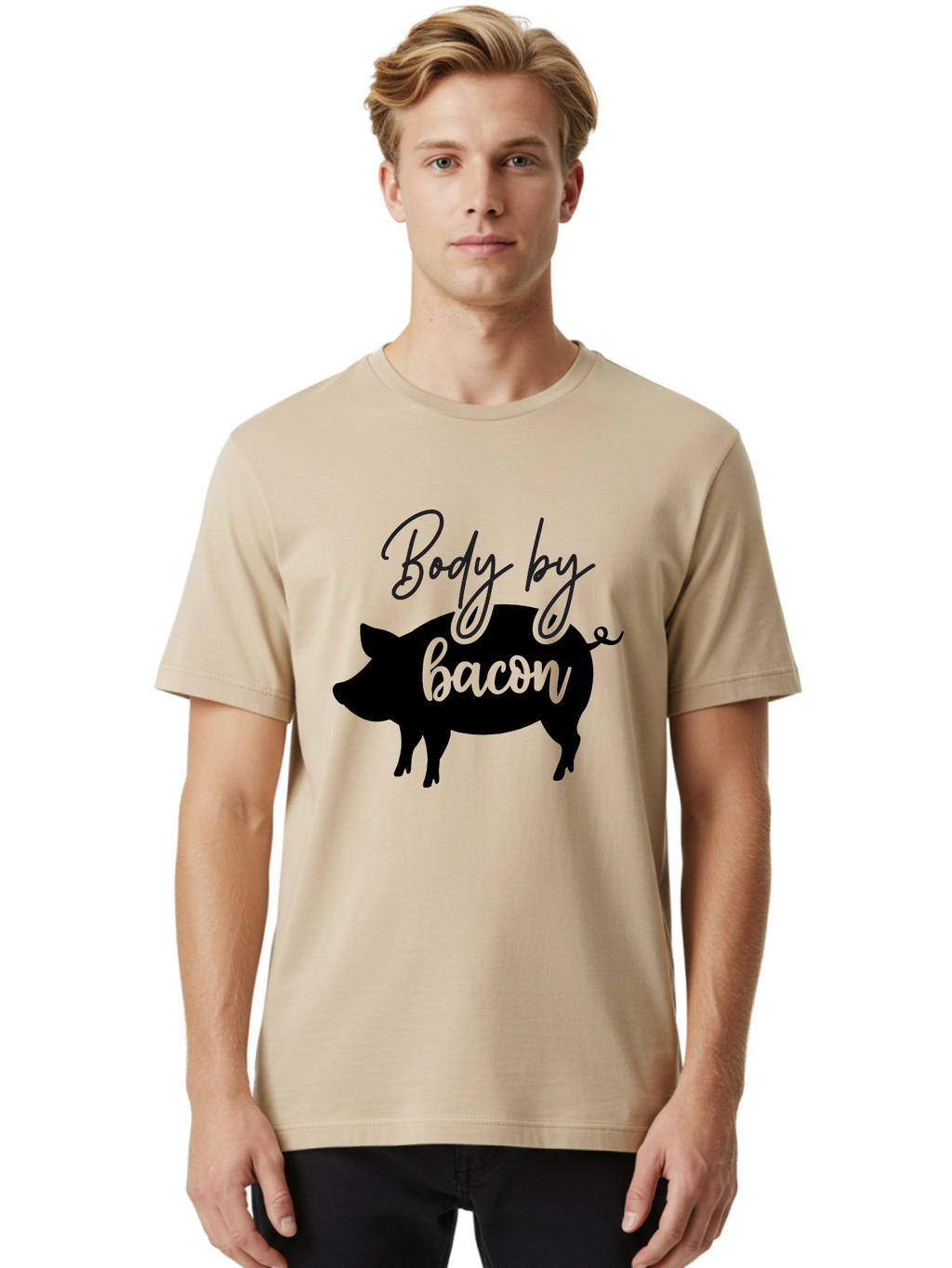 Body-By-Bacon Men'S Graphic Tee, 100% Cotton, Comfortable Casual Summer Wear, Machine Washable, Funny Pig Silhouette, Bacon Lovers, Pig With High Heels, Humorous Illustration, Quirky Art, Pig Silhouette With Text, Body By Bacon Aab567
