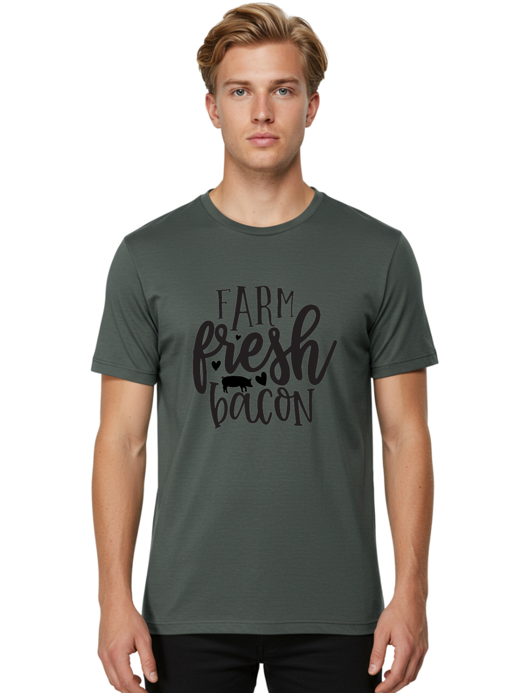 Farm-Fresh-Bacon Men'S Graphic Tee, 100% Cotton, Comfortable Casual Summer Wear, Machine Washable, Farm Fresh Bacon, Farm Food, Fresh Meat, Farm To Table, Bacon Lover, Pig Silhouette, Foodie Graphics, Kitchen Decor, Rustic Charm Aab575