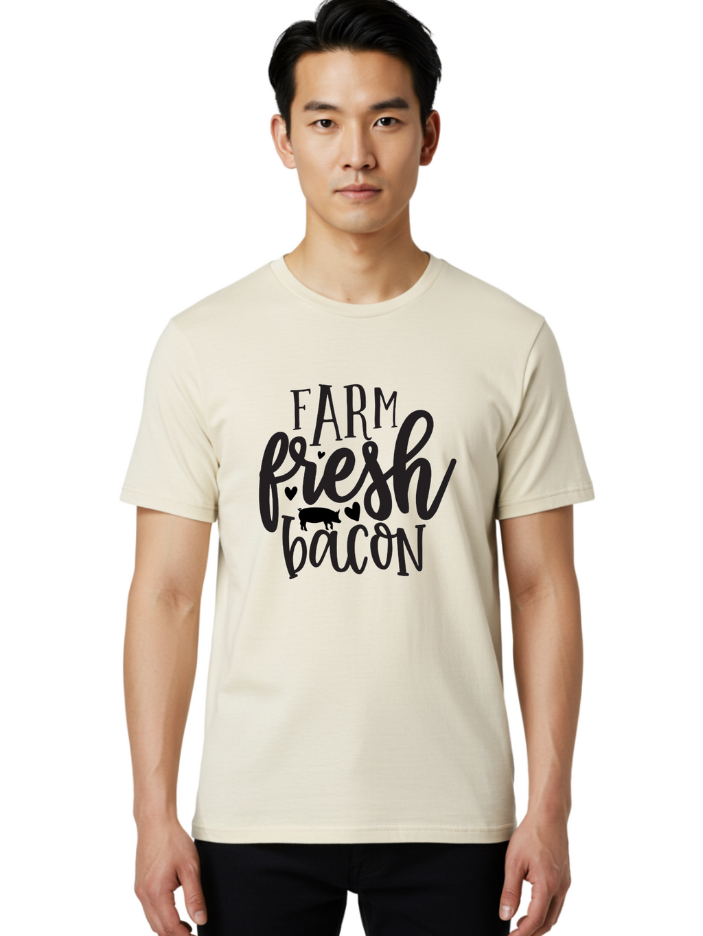 Farm-Fresh-Bacon Men'S Graphic Tee, 100% Cotton, Comfortable Casual Summer Wear, Machine Washable, Farm Fresh Bacon, Farm Food, Fresh Meat, Farm To Table, Bacon Lover, Pig Silhouette, Foodie Graphics, Kitchen Decor, Rustic Charm Aab575