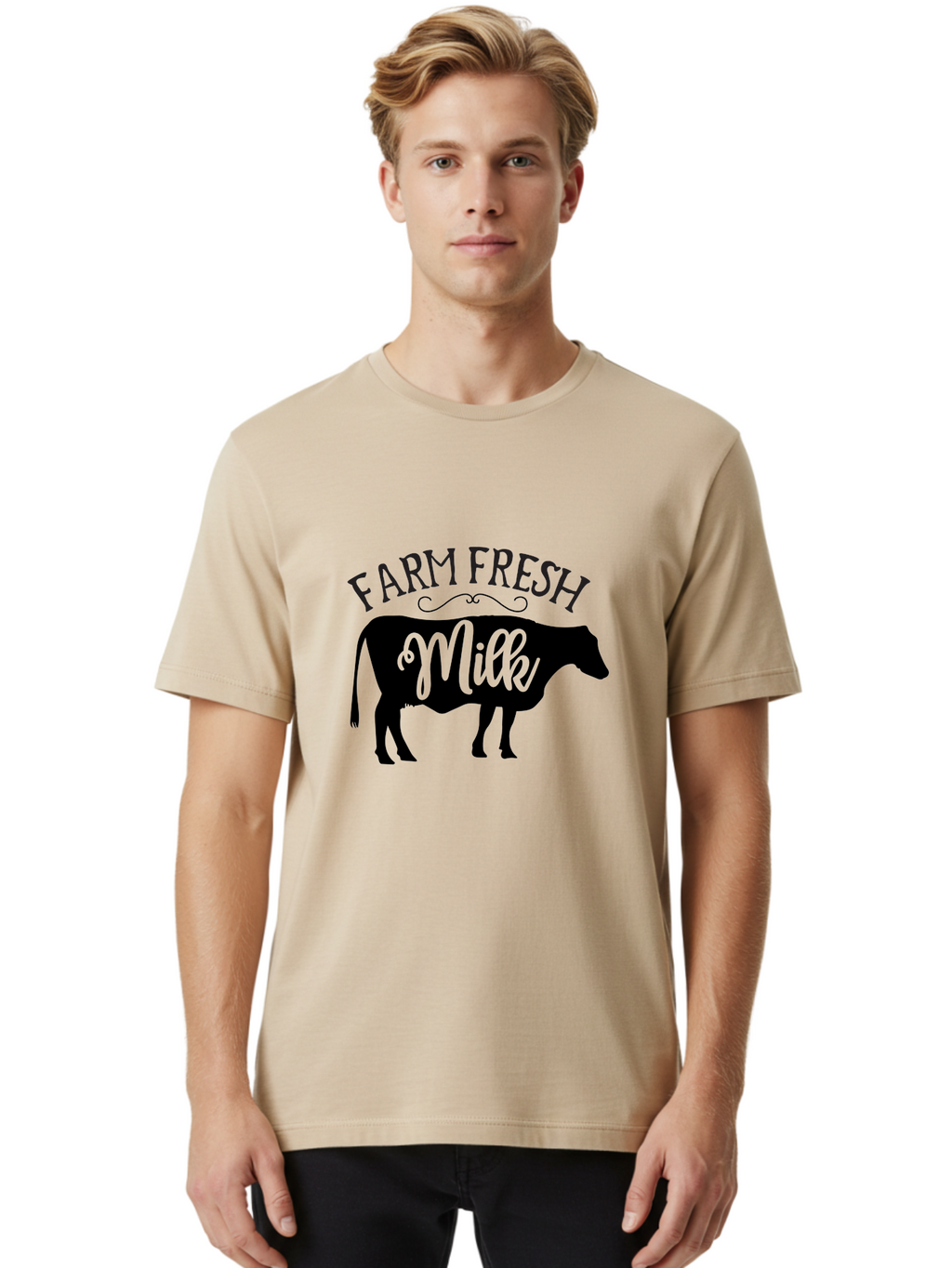 Farm-Fresh-Milk Men'S Graphic Tee, 100% Cotton, Comfortable Casual Summer Wear, Machine Washable, Cow Silhouette, Farm Fresh Milk, Dairy Products, Farm Produce, Milk Production, Agricultural Products, Fresh Milk, Farm Fresh Aab578