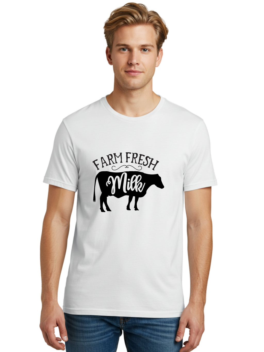 Farm-Fresh-Milk Men'S Graphic Tee, 100% Cotton, Comfortable Casual Summer Wear, Machine Washable, Cow Silhouette, Farm Fresh Milk, Dairy Products, Farm Produce, Milk Production, Agricultural Products, Fresh Milk, Farm Fresh Aab578