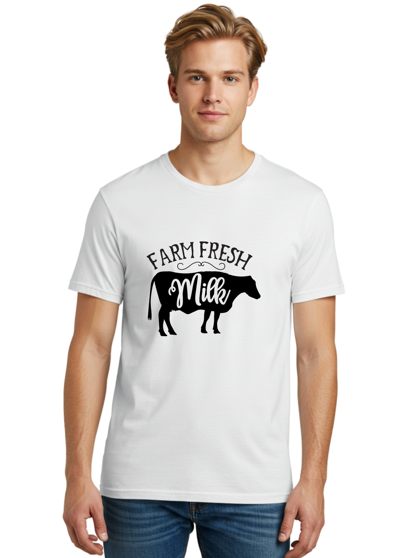 Farm-Fresh-Milk Men'S Graphic Tee, 100% Cotton, Comfortable Casual Summer Wear, Machine Washable, Cow Silhouette, Farm Fresh Milk, Dairy Products, Farm Produce, Milk Production, Agricultural Products, Fresh Milk, Farm Fresh Aab578