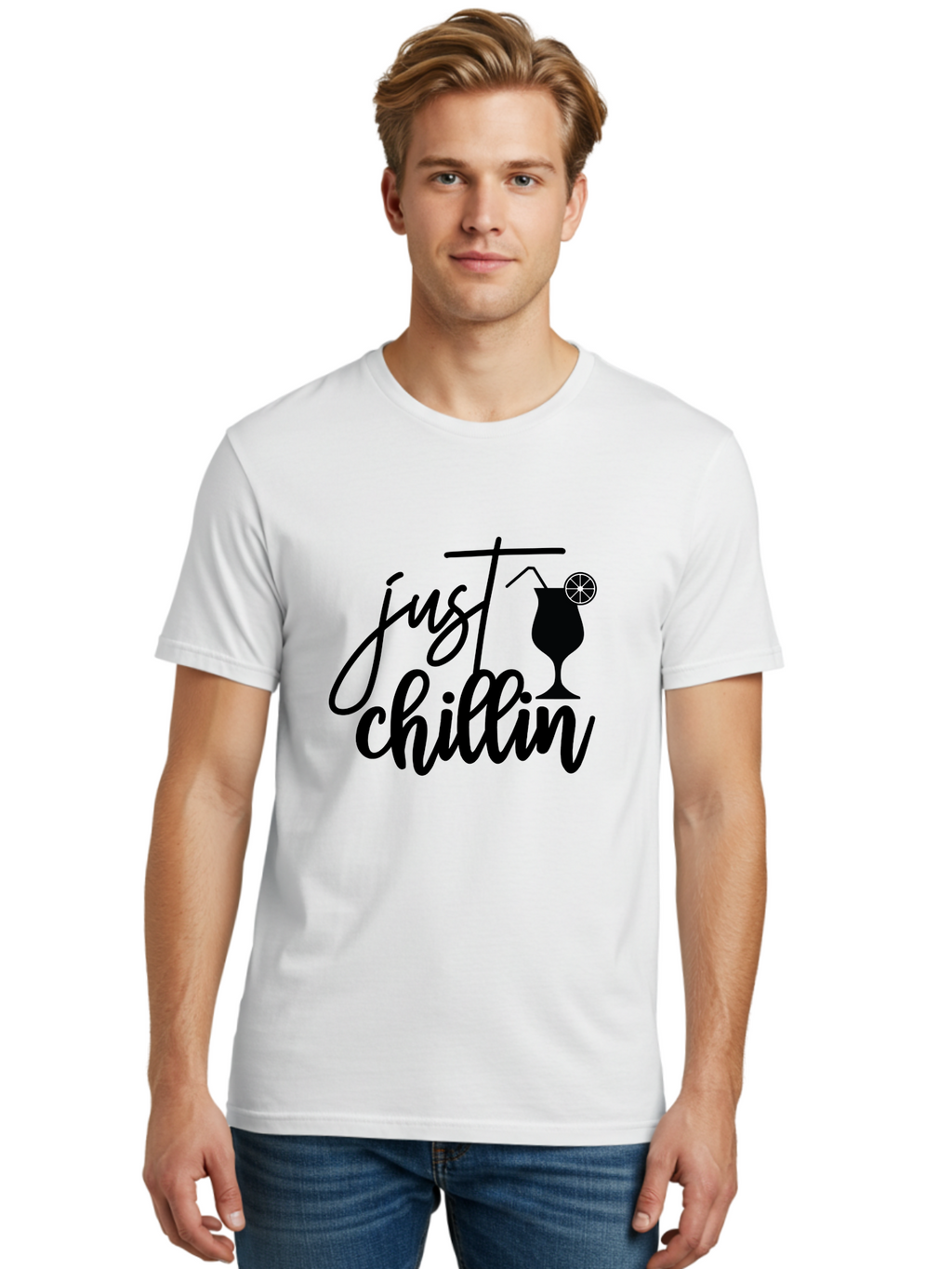 Just-Chillin Men'S Graphic Tee, 100% Cotton, Comfortable Casual Summer Wear, Machine Washable, Relaxation Mode, Chilling Vibes, Cocktail Culture, Refreshing Drinks, Laid-Back Atmosphere, Summer Fun, Happy Hour Aab583