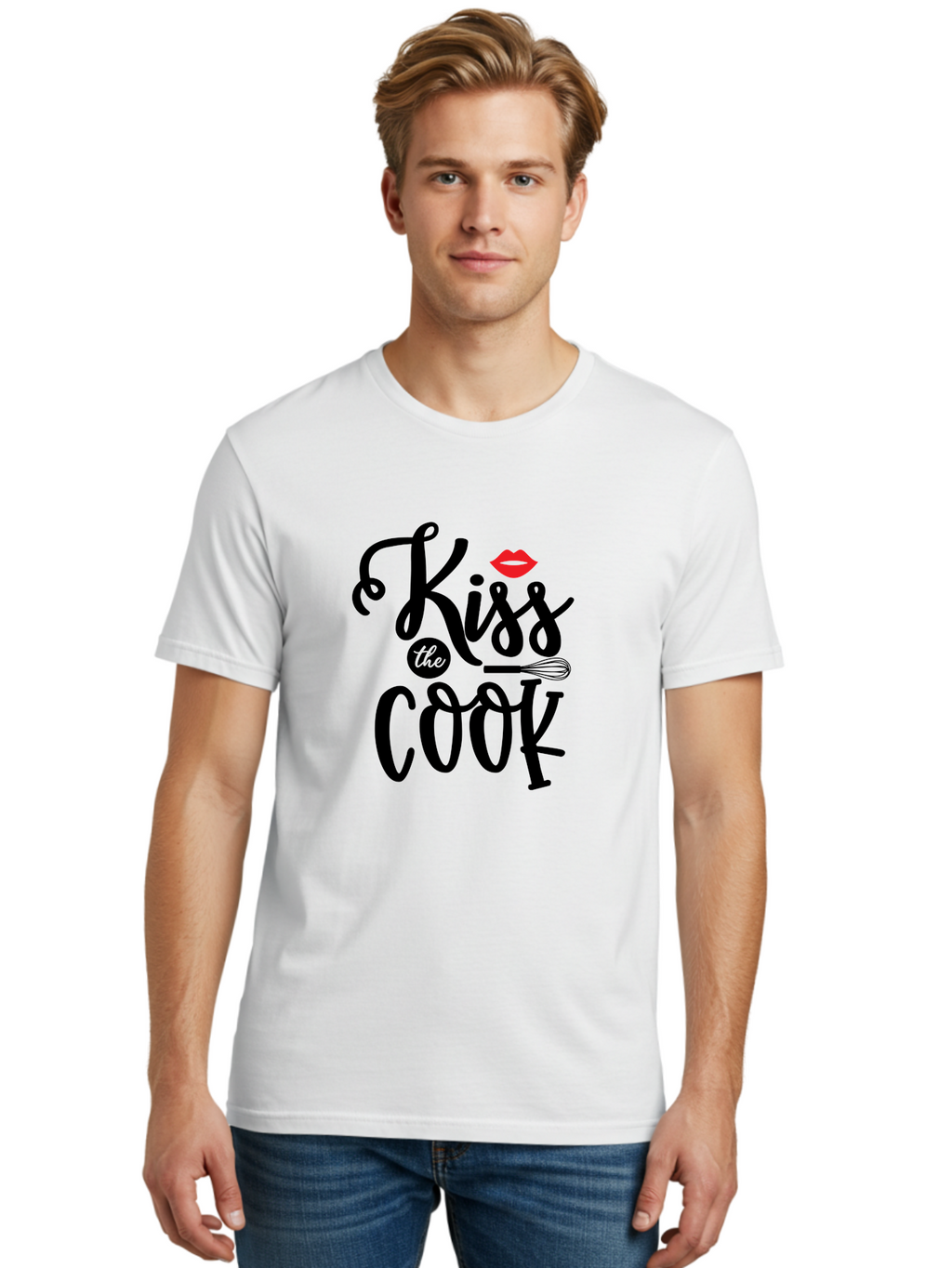Kiss-The-Cook Men'S Graphic Tee, 100% Cotton, Comfortable Casual Summer Wear, Machine Washable, Kiss The Cook, Cooking With Love, Kitchen Romance, Culinary Passion, Chef'S Kiss, Foodie Charm, Whimsical Kitchen Decor, Playful Typography, Aab584