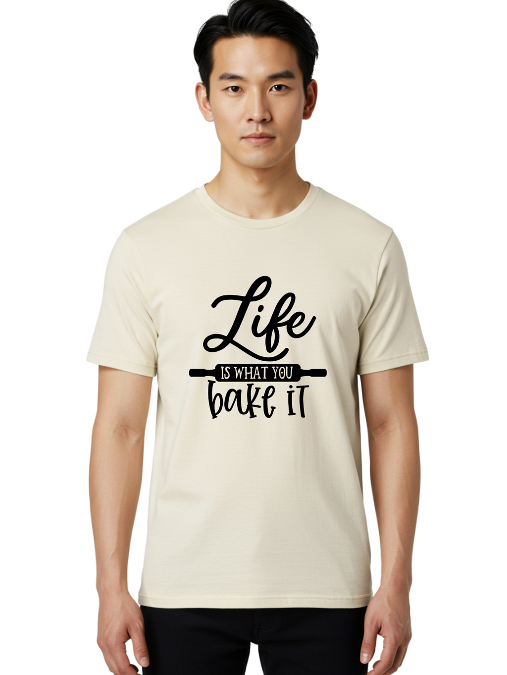 Life-Is-What-You-Bake-It Men'S Graphic Tee, 100% Cotton, Comfortable Casual Summer Wear, Machine Washable, Inspirational Quote, Baking Inspiration, Motivational Phrases, Positive Affirmations, Kitchen Decor, Baking Quotes, Rolling Pin Design Aab585