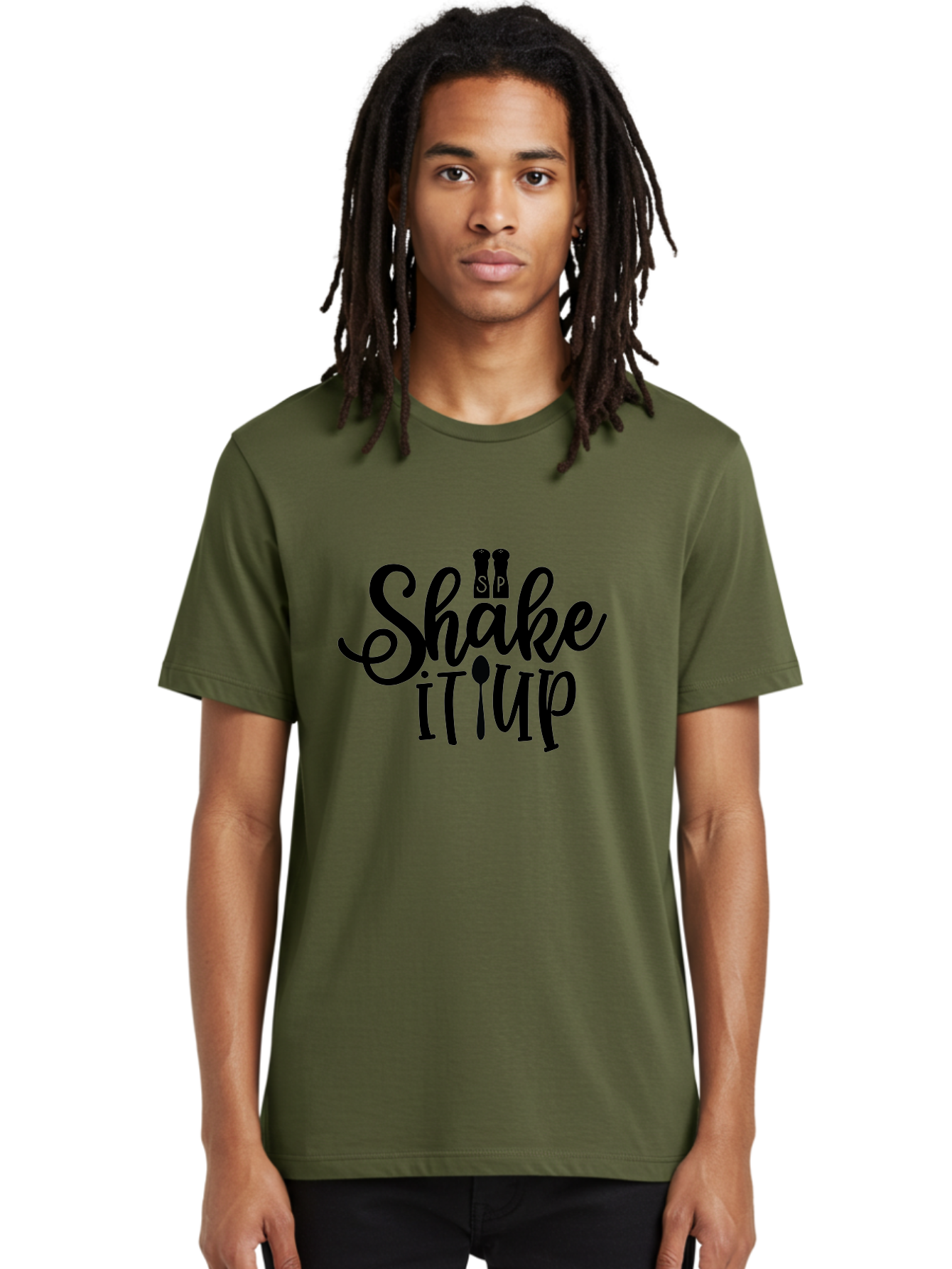Shake-It-Iup Men'S Graphic Tee, 100% Cotton, Comfortable Casual Summer Wear, Machine Washable, Shake It Up, Sp, Salt And Pepper Shakers, Spoon, Fork, Modern Typography, Creative Logo, Culinary Vibe, Restaurant Branding Aab588