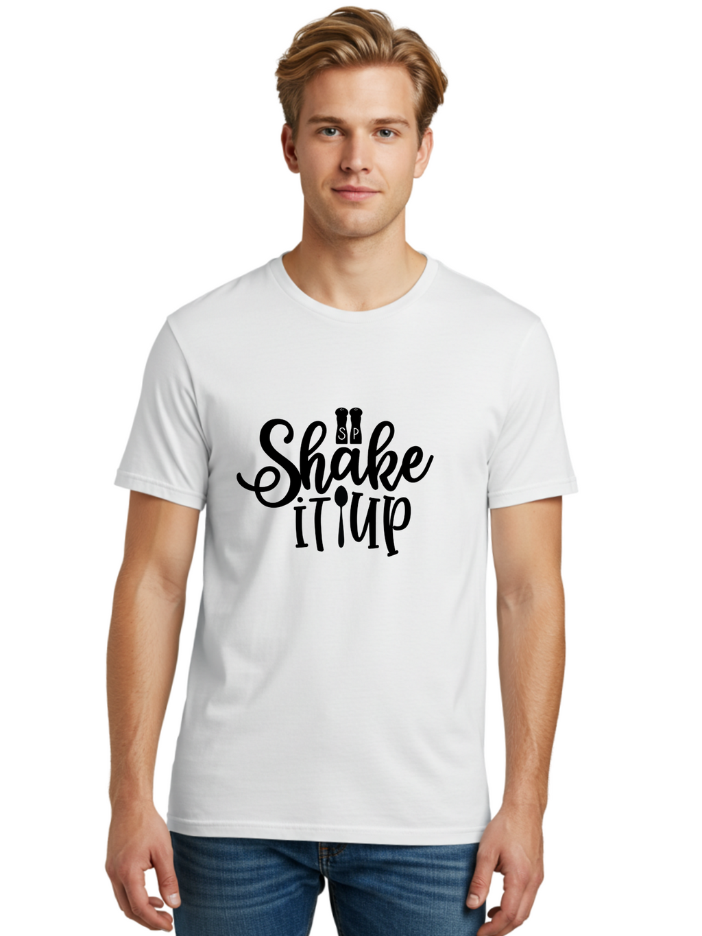 Shake-It-Iup Men'S Graphic Tee, 100% Cotton, Comfortable Casual Summer Wear, Machine Washable, Shake It Up, Sp, Salt And Pepper Shakers, Spoon, Fork, Modern Typography, Creative Logo, Culinary Vibe, Restaurant Branding Aab588