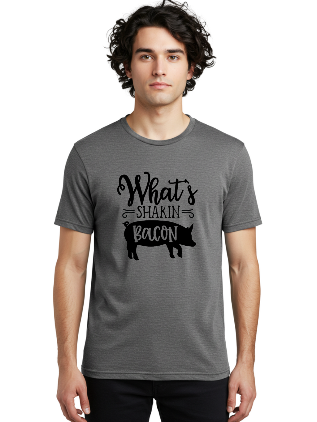 What-S-Shakin-Bacon Men'S Graphic Tee, 100% Cotton, Comfortable Casual Summer Wear, Machine Washable, Funny Pig Graphic, Bacon Lover Gift, Playful Typography, What'S Shakin Bacon, Pig Silhouette, Whimsical Design, Humor, Bacon Pun, Aab593