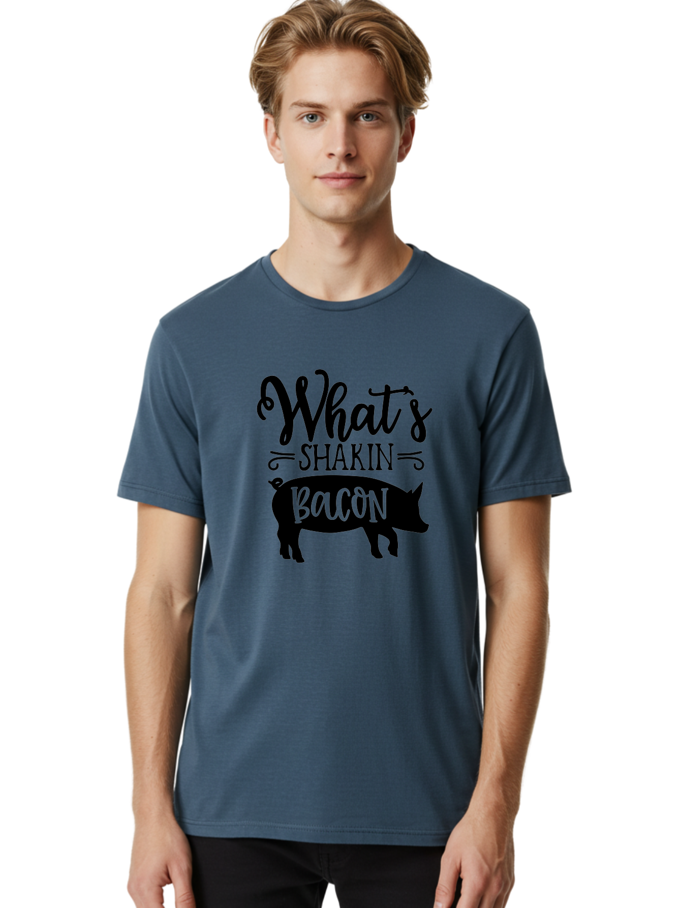 What-S-Shakin-Bacon Men'S Graphic Tee, 100% Cotton, Comfortable Casual Summer Wear, Machine Washable, Funny Pig Graphic, Bacon Lover Gift, Playful Typography, What'S Shakin Bacon, Pig Silhouette, Whimsical Design, Humor, Bacon Pun, Aab593