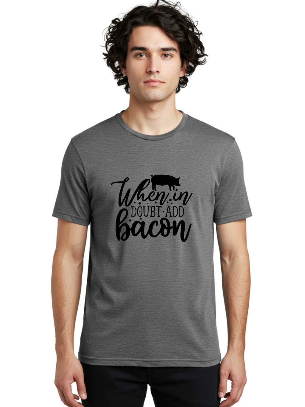 When-In-Doubt-Add-Bacon Men'S Graphic Tee, 100% Cotton, Comfortable Casual Summer Wear, Machine Washable, Funny Quote, Bacon Slogan, Food Humor, Quote Graphics, Pig Silhouette, Kitchen Decor, Funny Kitchen Sayings, Bacon Lover Gifts Aab594