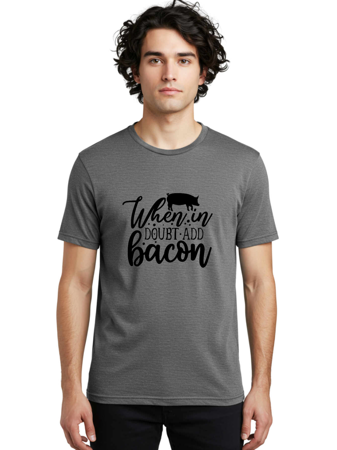 When-In-Doubt-Add-Bacon Men'S Graphic Tee, 100% Cotton, Comfortable Casual Summer Wear, Machine Washable, Funny Quote, Bacon Slogan, Food Humor, Quote Graphics, Pig Silhouette, Kitchen Decor, Funny Kitchen Sayings, Bacon Lover Gifts Aab594