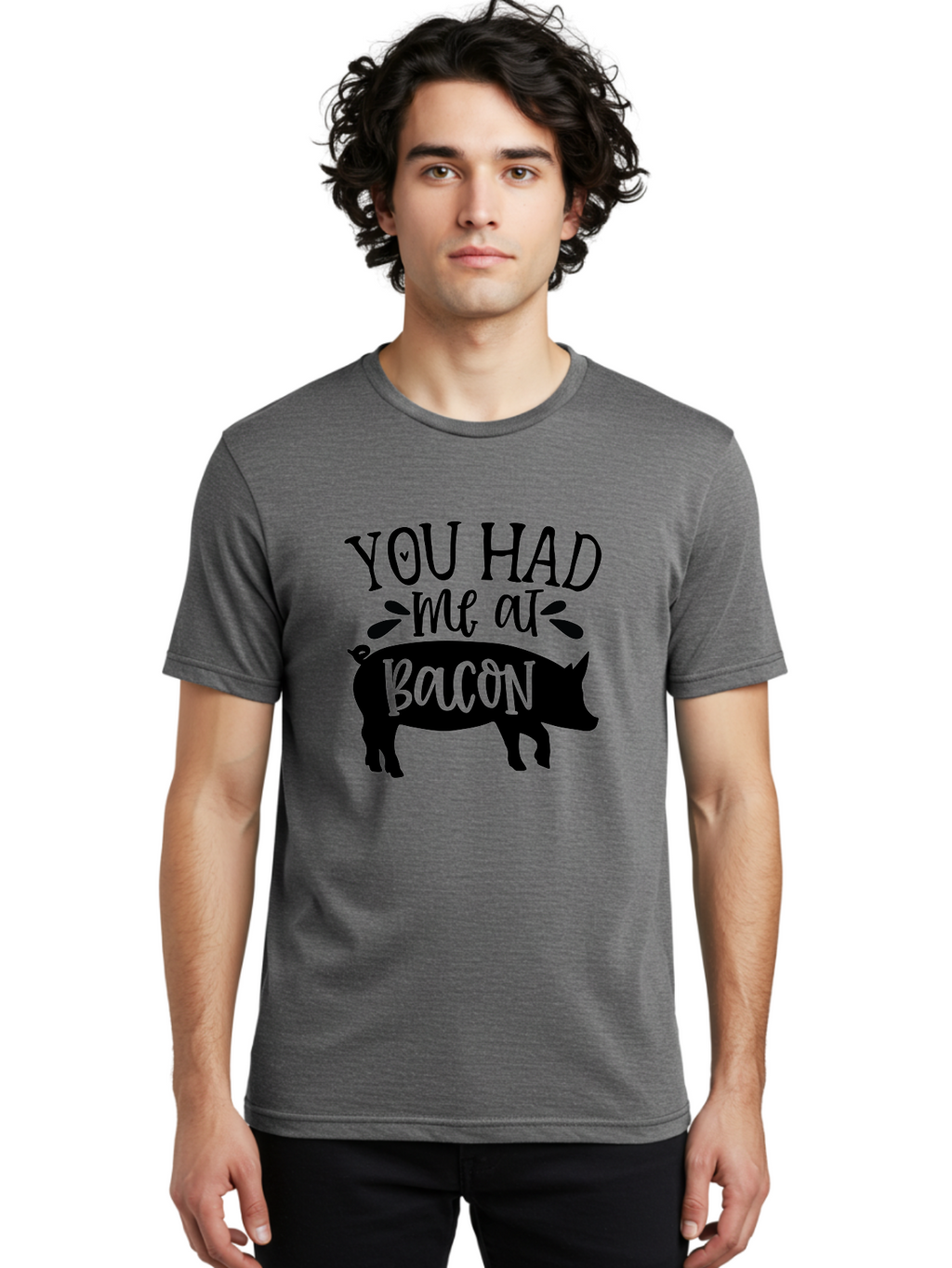 You-Had-Me-At-Bacon Men'S Graphic Tee, 100% Cotton, Comfortable Casual Summer Wear, Machine Washable, Funny Pig Quote, Bacon Lover Gift, Pig Silhouette, Cute Pig Design, Humorous Kitchen Decor, Love At Bacon Quote, Foodie Humor, Bacon Pun Aab599