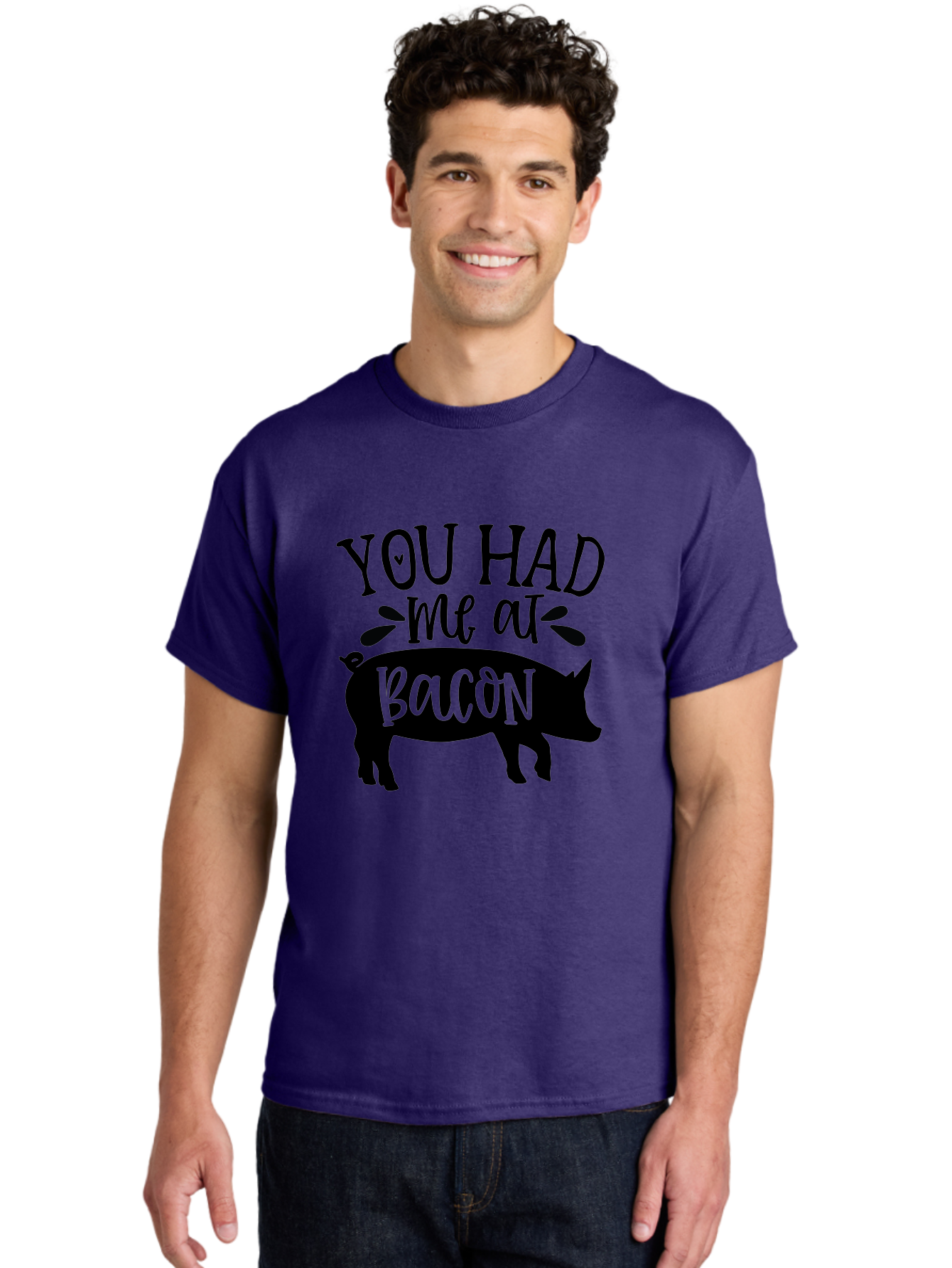 You-Had-Me-At-Bacon Men'S Graphic Tee, 100% Cotton, Comfortable Casual Summer Wear, Machine Washable, Funny Pig Quote, Bacon Lover Gift, Pig Silhouette, Cute Pig Design, Humorous Kitchen Decor, Love At Bacon Quote, Foodie Humor, Bacon Pun Aab599