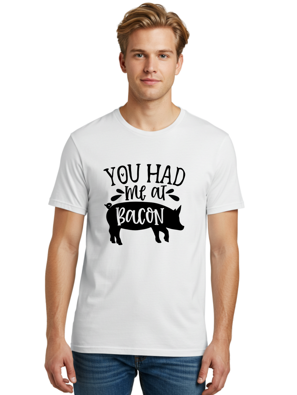 You-Had-Me-At-Bacon Men'S Graphic Tee, 100% Cotton, Comfortable Casual Summer Wear, Machine Washable, Funny Pig Quote, Bacon Lover Gift, Pig Silhouette, Cute Pig Design, Humorous Kitchen Decor, Love At Bacon Quote, Foodie Humor, Bacon Pun Aab599