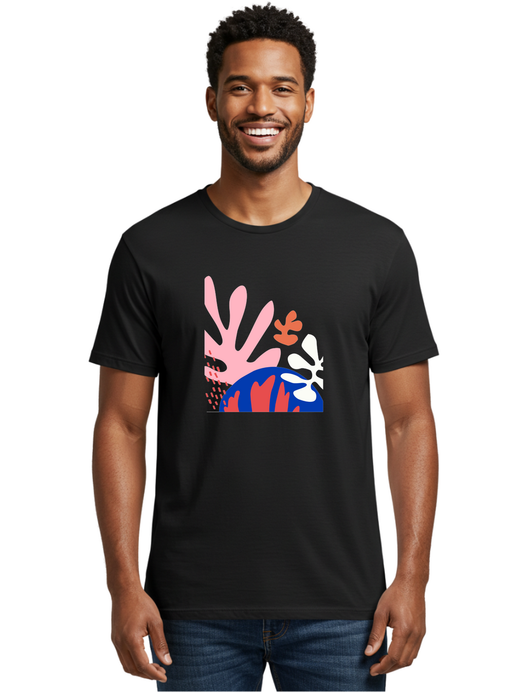 Abstract-Art Men'S Graphic Tee, 100% Cotton, Comfortable Casual Summer Wear, Machine Washable, Abstract Floral Design, Vibrant Colors, Playful Patterns, Blue And Red Globe, Pink Background, Yellow Rectangle, Modern Art, Creative Graphic Aab600