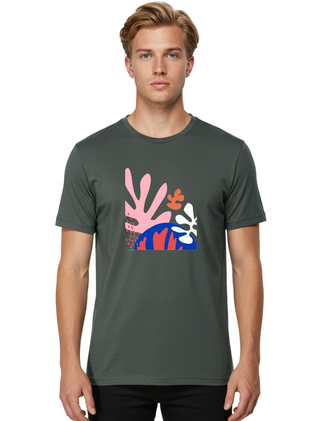 Abstract-Art Men'S Graphic Tee, 100% Cotton, Comfortable Casual Summer Wear, Machine Washable, Abstract Floral Design, Vibrant Colors, Playful Patterns, Blue And Red Globe, Pink Background, Yellow Rectangle, Modern Art, Creative Graphic Aab600