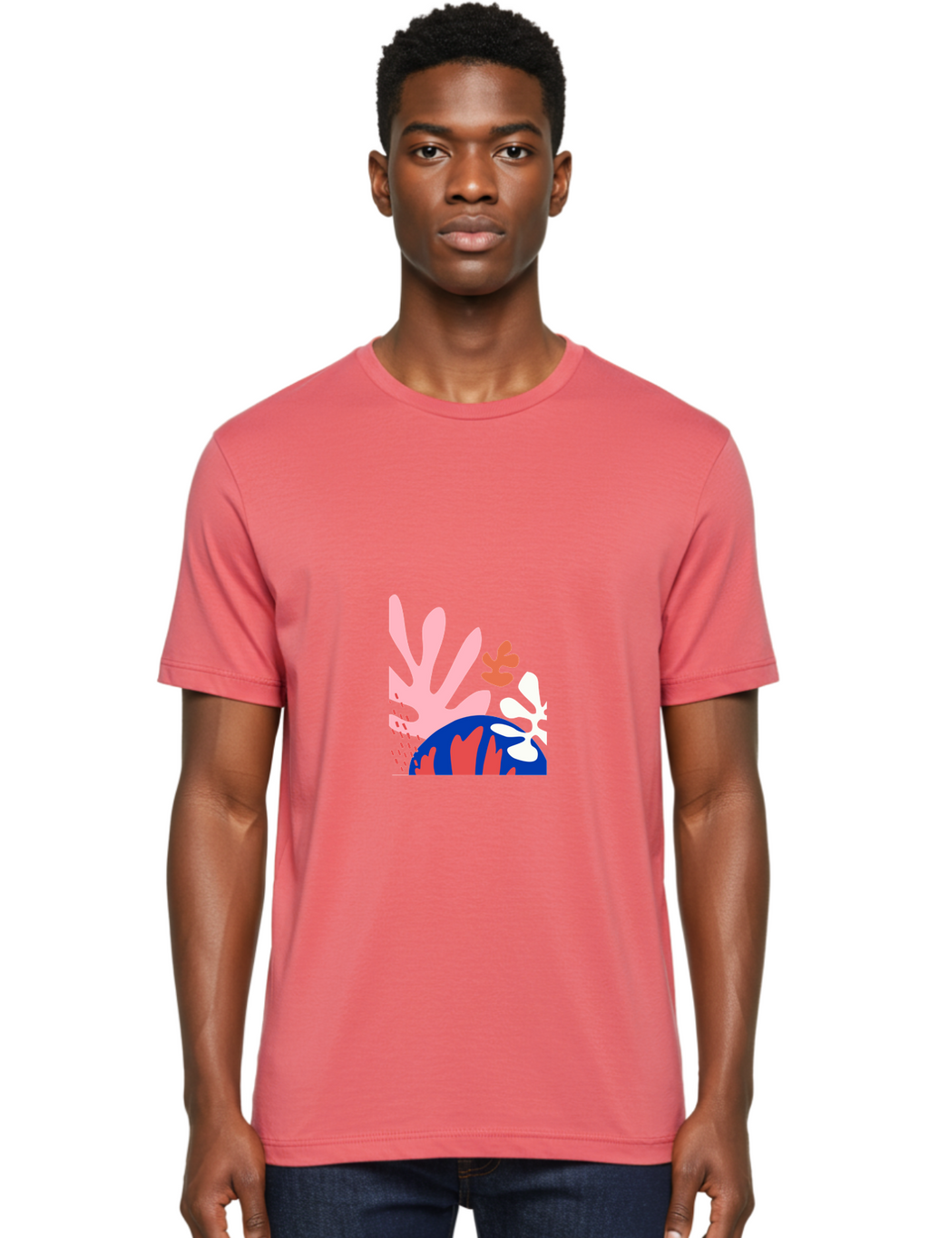 Abstract-Art Men'S Graphic Tee, 100% Cotton, Comfortable Casual Summer Wear, Machine Washable, Abstract Floral Design, Vibrant Colors, Playful Patterns, Blue And Red Globe, Pink Background, Yellow Rectangle, Modern Art, Creative Graphic Aab600