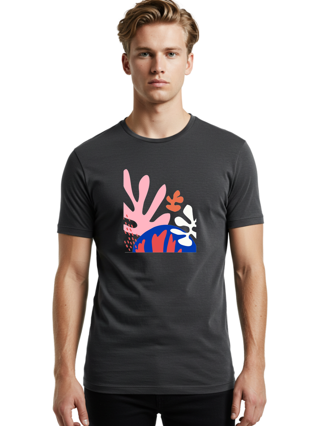 Abstract-Art Men'S Graphic Tee, 100% Cotton, Comfortable Casual Summer Wear, Machine Washable, Abstract Floral Design, Vibrant Colors, Playful Patterns, Blue And Red Globe, Pink Background, Yellow Rectangle, Modern Art, Creative Graphic Aab600