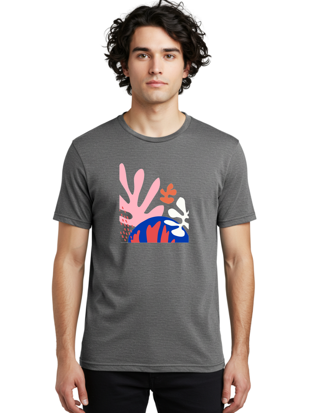Abstract-Art Men'S Graphic Tee, 100% Cotton, Comfortable Casual Summer Wear, Machine Washable, Abstract Floral Design, Vibrant Colors, Playful Patterns, Blue And Red Globe, Pink Background, Yellow Rectangle, Modern Art, Creative Graphic Aab600