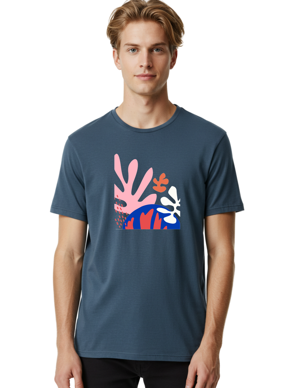 Abstract-Art Men'S Graphic Tee, 100% Cotton, Comfortable Casual Summer Wear, Machine Washable, Abstract Floral Design, Vibrant Colors, Playful Patterns, Blue And Red Globe, Pink Background, Yellow Rectangle, Modern Art, Creative Graphic Aab600