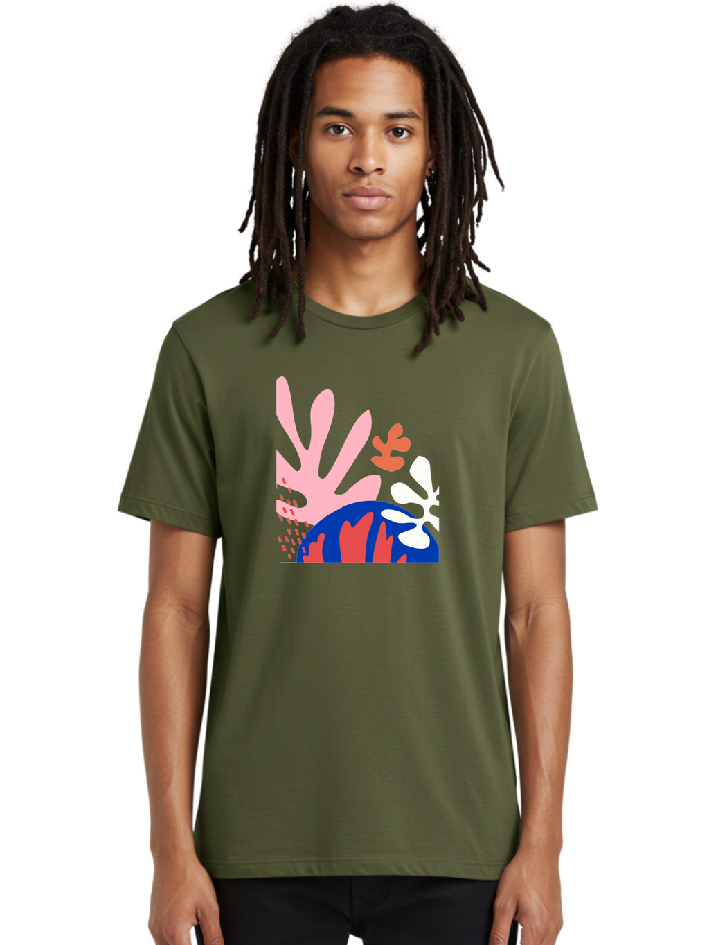 Abstract-Art Men'S Graphic Tee, 100% Cotton, Comfortable Casual Summer Wear, Machine Washable, Abstract Floral Design, Vibrant Colors, Playful Patterns, Blue And Red Globe, Pink Background, Yellow Rectangle, Modern Art, Creative Graphic Aab600