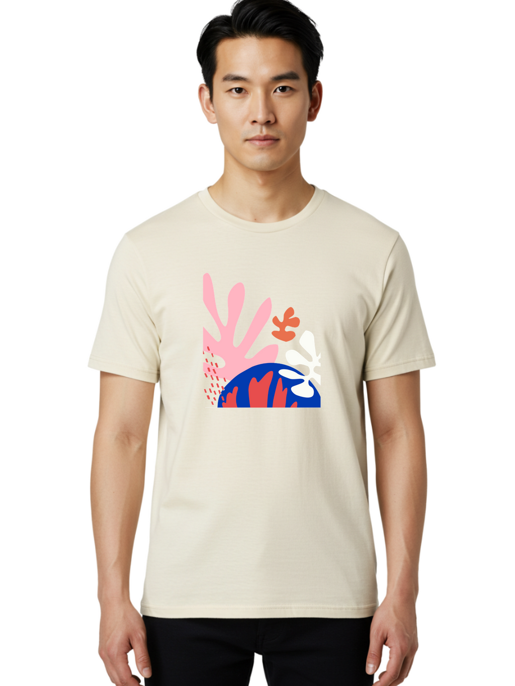Abstract-Art Men'S Graphic Tee, 100% Cotton, Comfortable Casual Summer Wear, Machine Washable, Abstract Floral Design, Vibrant Colors, Playful Patterns, Blue And Red Globe, Pink Background, Yellow Rectangle, Modern Art, Creative Graphic Aab600