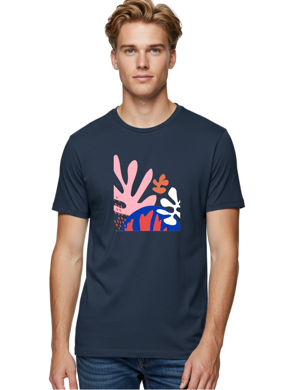Abstract-Art Men'S Graphic Tee, 100% Cotton, Comfortable Casual Summer Wear, Machine Washable, Abstract Floral Design, Vibrant Colors, Playful Patterns, Blue And Red Globe, Pink Background, Yellow Rectangle, Modern Art, Creative Graphic Aab600