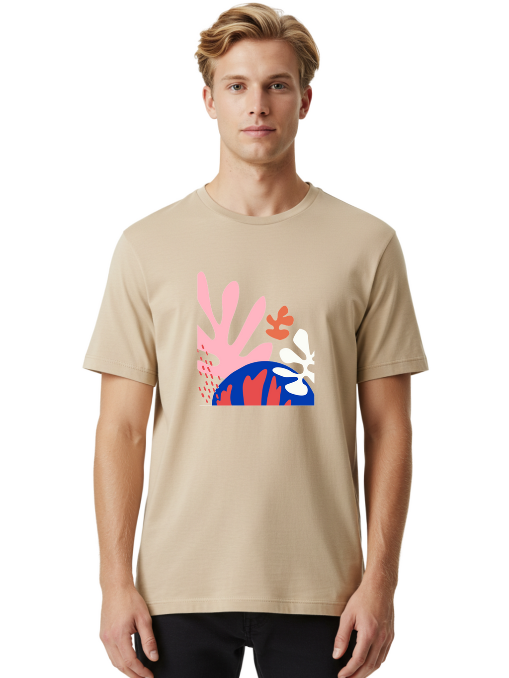 Abstract-Art Men'S Graphic Tee, 100% Cotton, Comfortable Casual Summer Wear, Machine Washable, Abstract Floral Design, Vibrant Colors, Playful Patterns, Blue And Red Globe, Pink Background, Yellow Rectangle, Modern Art, Creative Graphic Aab600
