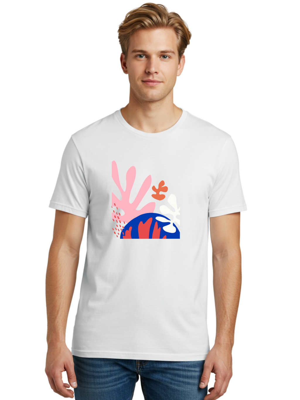 Abstract-Art Men'S Graphic Tee, 100% Cotton, Comfortable Casual Summer Wear, Machine Washable, Abstract Floral Design, Vibrant Colors, Playful Patterns, Blue And Red Globe, Pink Background, Yellow Rectangle, Modern Art, Creative Graphic Aab600