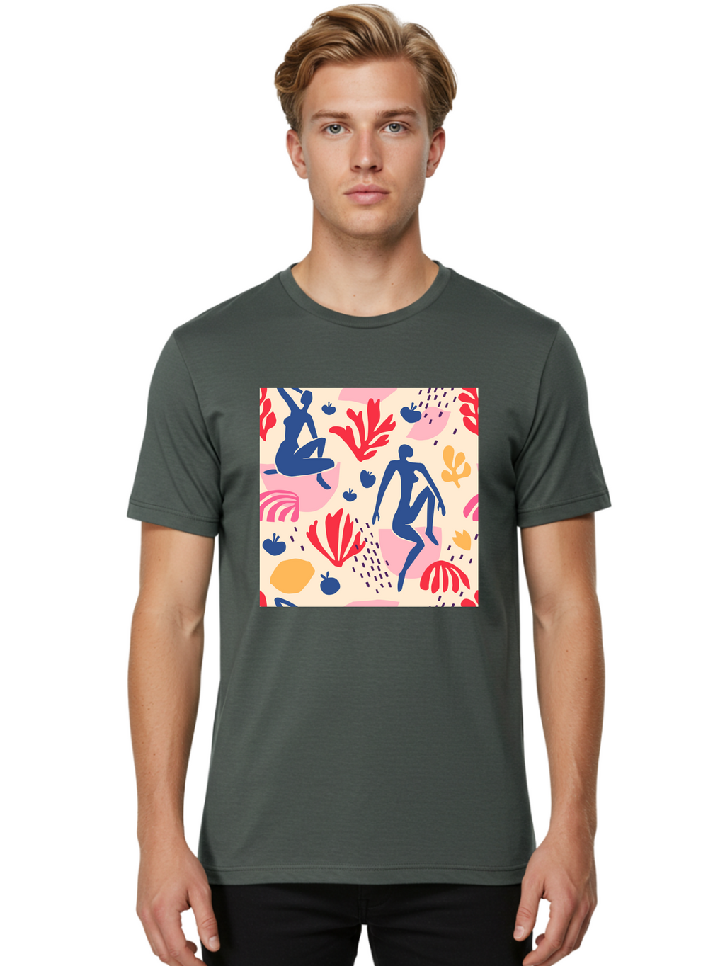 Abstract-Figures Men'S Graphic Tee, 100% Cotton, Comfortable Casual Summer Wear, Machine Washable, Blue Silhouettes Dancing, Abstract Floral Pattern, Vibrant Colors, Dynamic Movement, Playful Atmosphere, Modern Art, Colorful Design, Aab601