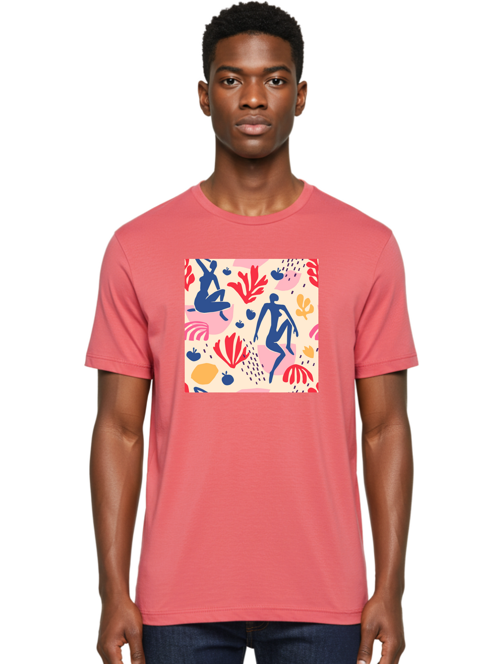 Abstract-Figures Men'S Graphic Tee, 100% Cotton, Comfortable Casual Summer Wear, Machine Washable, Blue Silhouettes Dancing, Abstract Floral Pattern, Vibrant Colors, Dynamic Movement, Playful Atmosphere, Modern Art, Colorful Design, Aab601