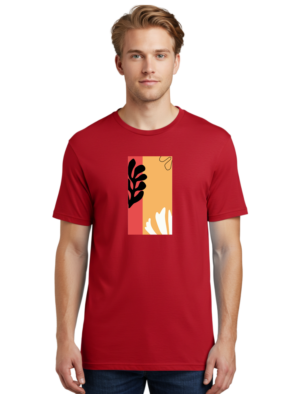 Abstract-Flowers Men'S Graphic Tee, 100% Cotton, Comfortable Casual Summer Wear, Machine Washable, Abstract Leaves, Graphic Design, Modern Art, Bold Colors, Minimalist Style, Floral Motif, Creative Expression, Digital Illustration Aab602