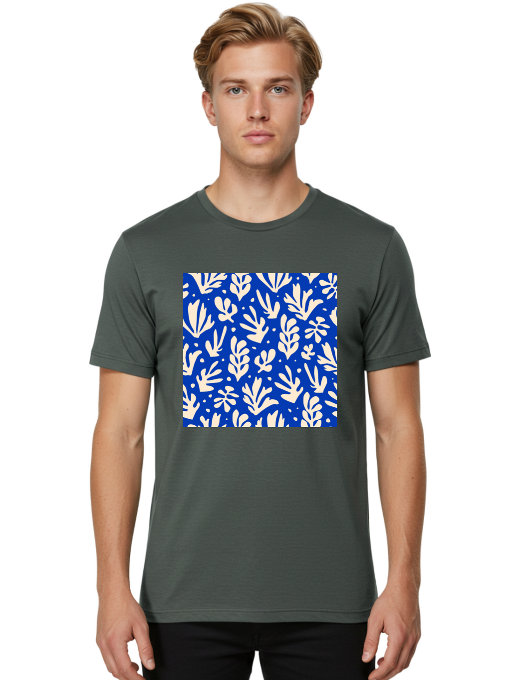 Blue-Floral-Pattern Men'S Graphic Tee, 100% Cotton, Comfortable Casual Summer Wear, Machine Washable, Floral Pattern, Leaf Design, Botanical Elements, Blue Background, Cream-Colored Flowers, Abstract Foliage, Repeating Design, Aab605