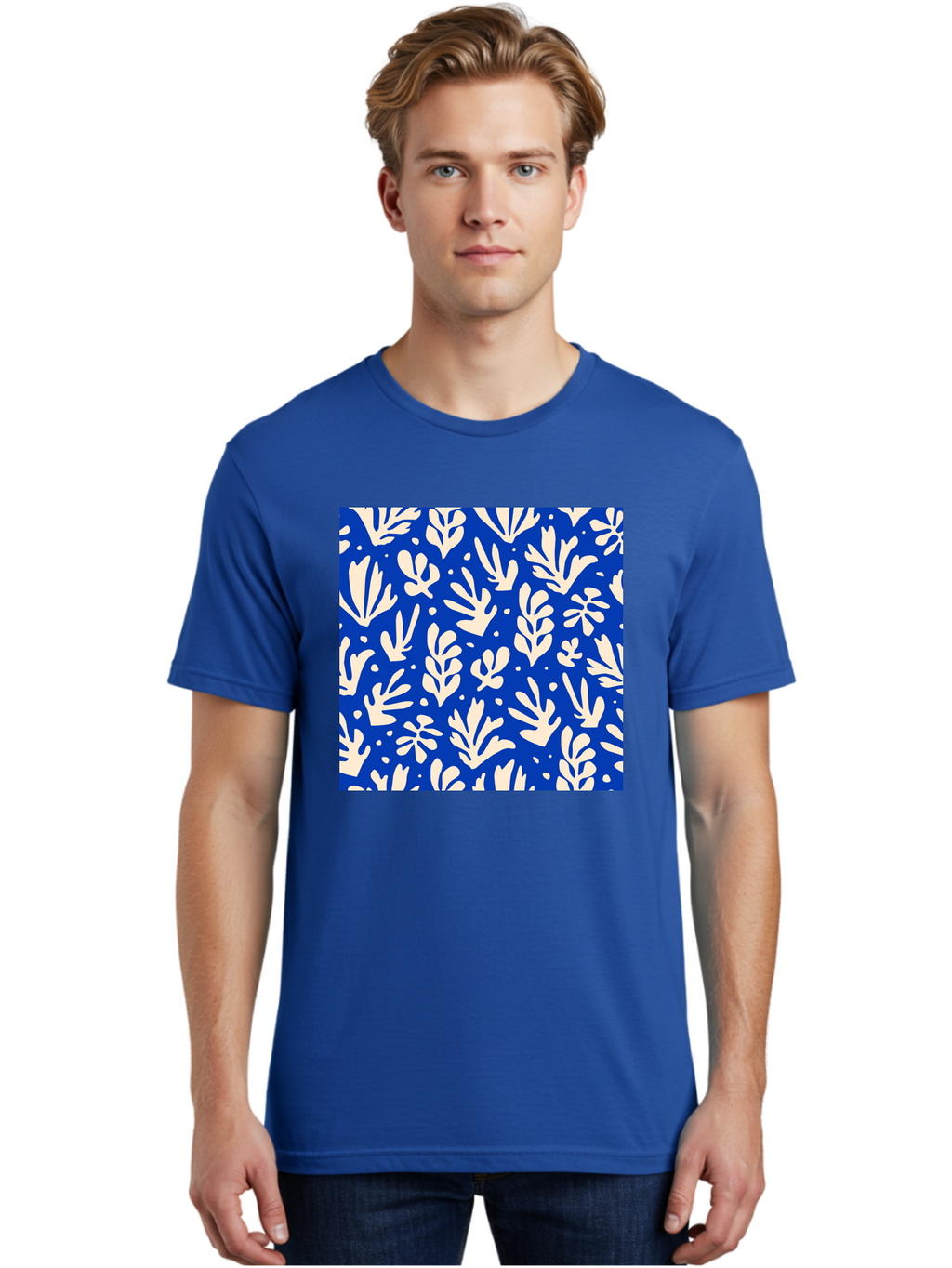 Blue-Floral-Pattern Men'S Graphic Tee, 100% Cotton, Comfortable Casual Summer Wear, Machine Washable, Floral Pattern, Leaf Design, Botanical Elements, Blue Background, Cream-Colored Flowers, Abstract Foliage, Repeating Design, Aab605