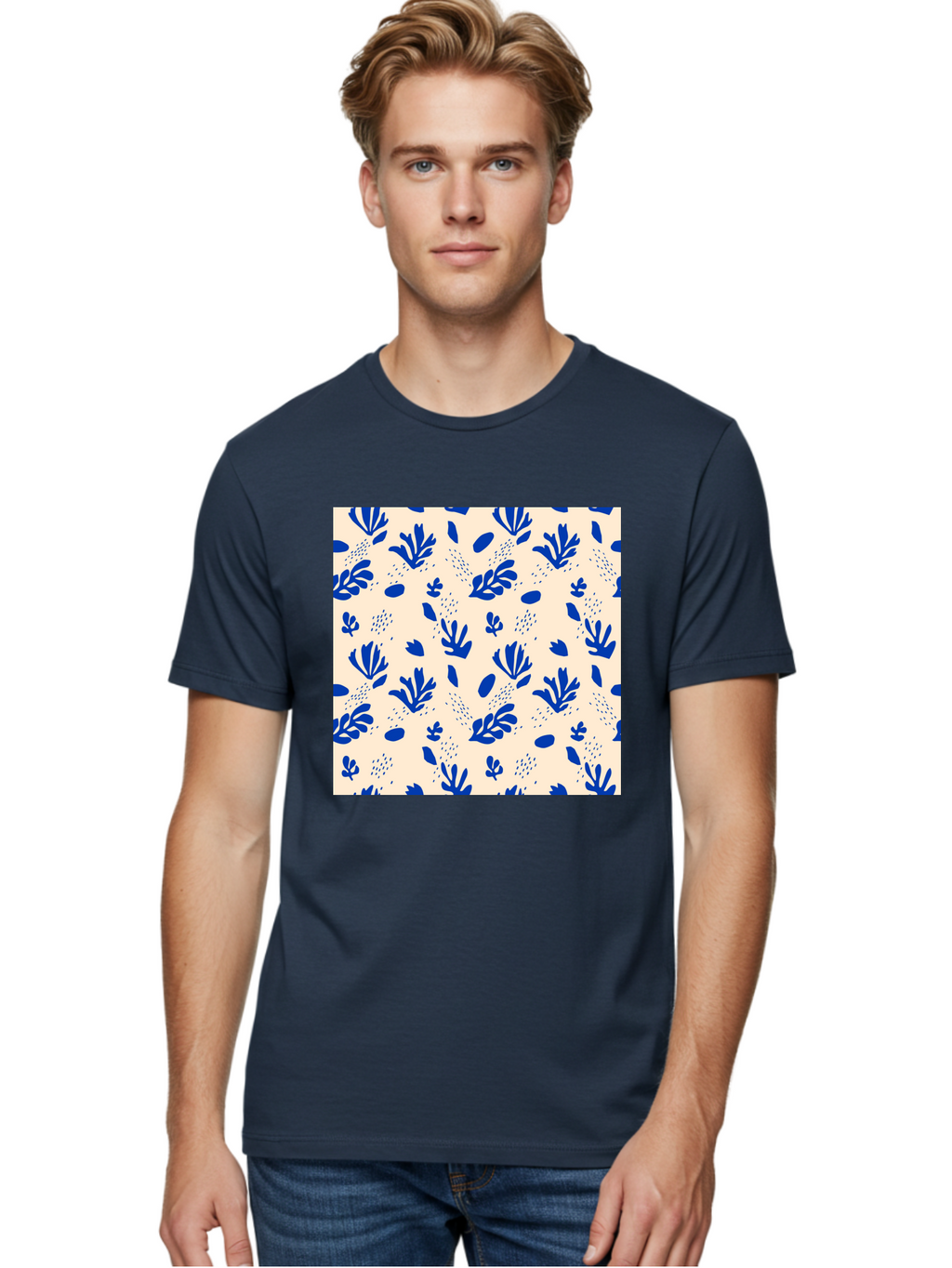 Blue-Florals Men'S Graphic Tee, 100% Cotton, Comfortable Casual Summer Wear, Machine Washable, Blue Flowers, Floral Pattern, Abstract Design, Minimalist Style, Botanical Elements, Decorative Motifs, Cream Background, Hand Drawn, Aab606