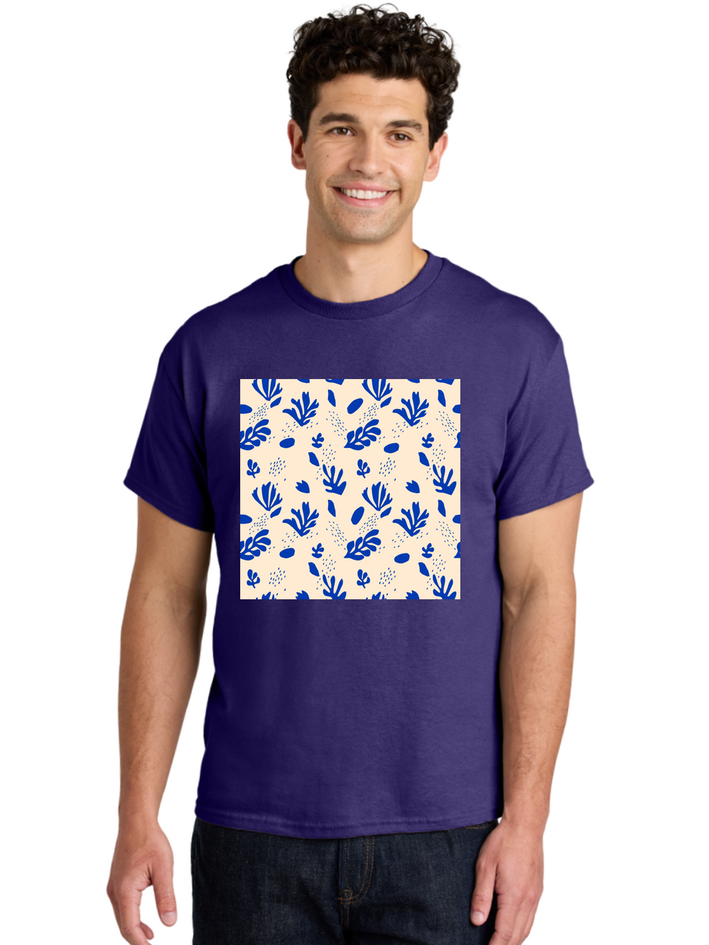 Blue-Florals Men'S Graphic Tee, 100% Cotton, Comfortable Casual Summer Wear, Machine Washable, Blue Flowers, Floral Pattern, Abstract Design, Minimalist Style, Botanical Elements, Decorative Motifs, Cream Background, Hand Drawn, Aab606