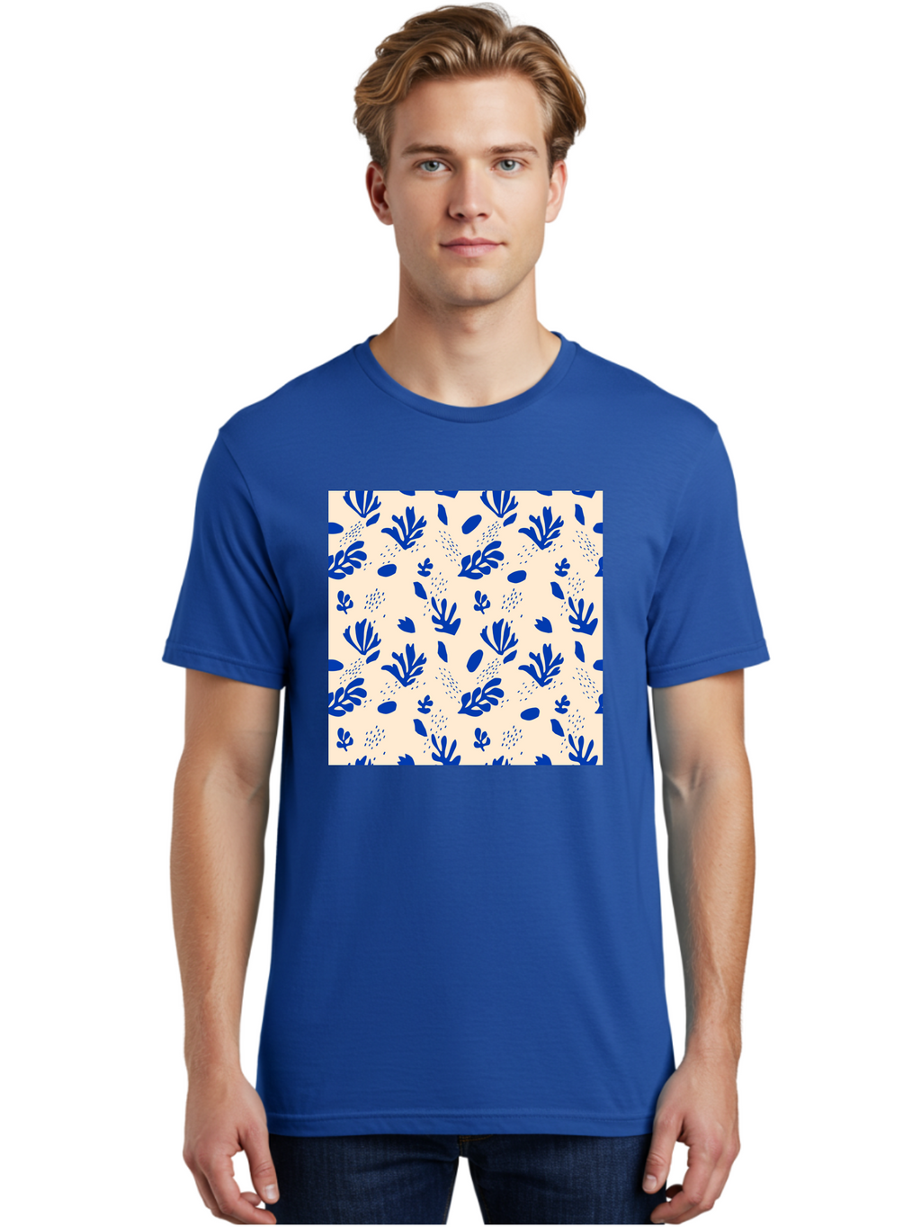 Blue-Florals Men'S Graphic Tee, 100% Cotton, Comfortable Casual Summer Wear, Machine Washable, Blue Flowers, Floral Pattern, Abstract Design, Minimalist Style, Botanical Elements, Decorative Motifs, Cream Background, Hand Drawn, Aab606